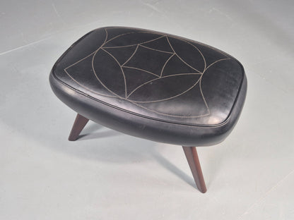 Vintage Danish Mid Century Footstool Black Vinyl Teak Legs 1960s Retro EB12048