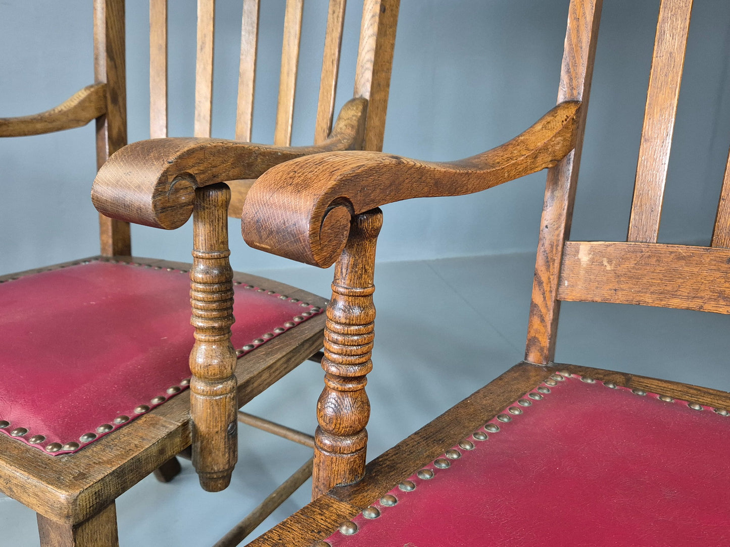 2 Antique Elbow Chairs Danish Oak Frame Red Leather 1900s EB07393