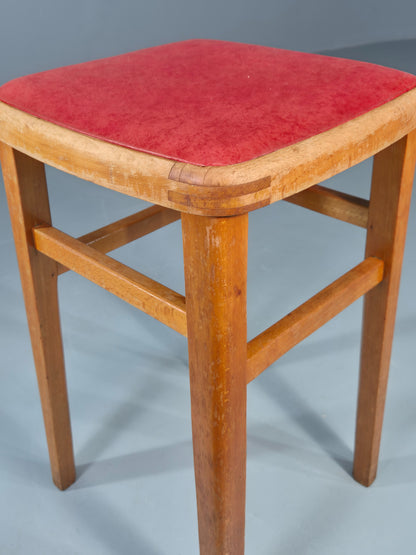 Vintage Kitchen Stool 1960s Retro Red Vinyl and Beech EB12531