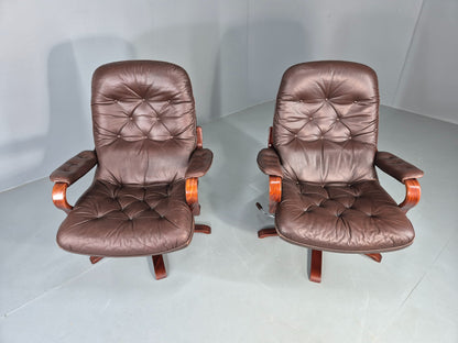 2 Vintage Danish Lounge Chairs Swivel Recline Leather Mid Century Retro EB13093