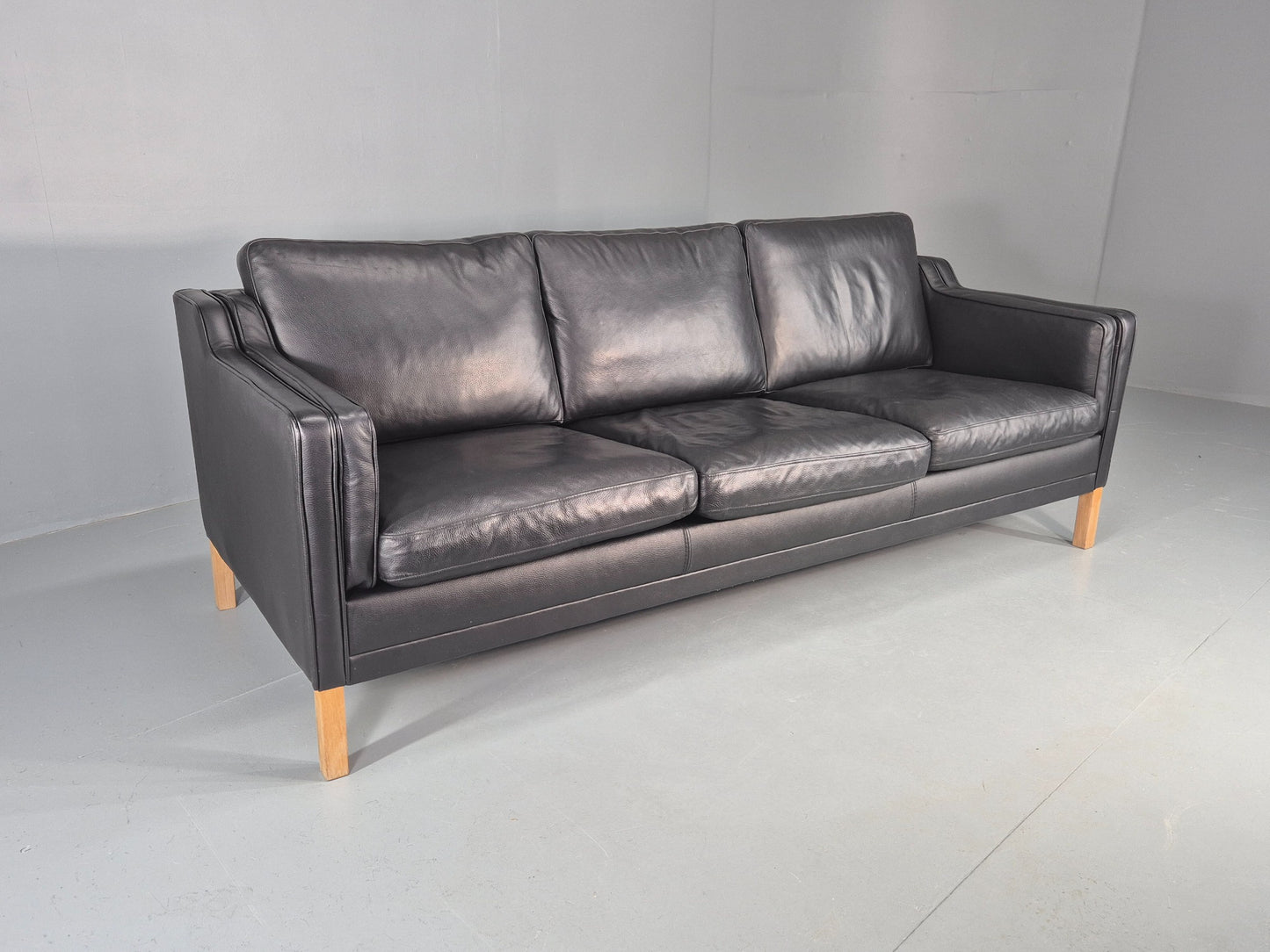 Vintage Danish 3 Seat Sofa Black Leather Mogensen Style 1980s Retro MCM EB12445