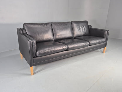 Vintage Danish 3 Seat Sofa Black Leather Mogensen Style 1980s Retro MCM EB12445