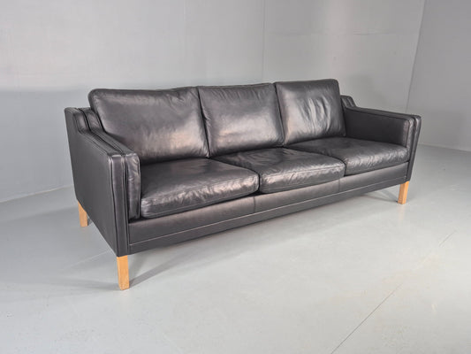 Vintage Danish 3 Seat Sofa Black Leather Mogensen Style 1980s Retro MCM EB12445