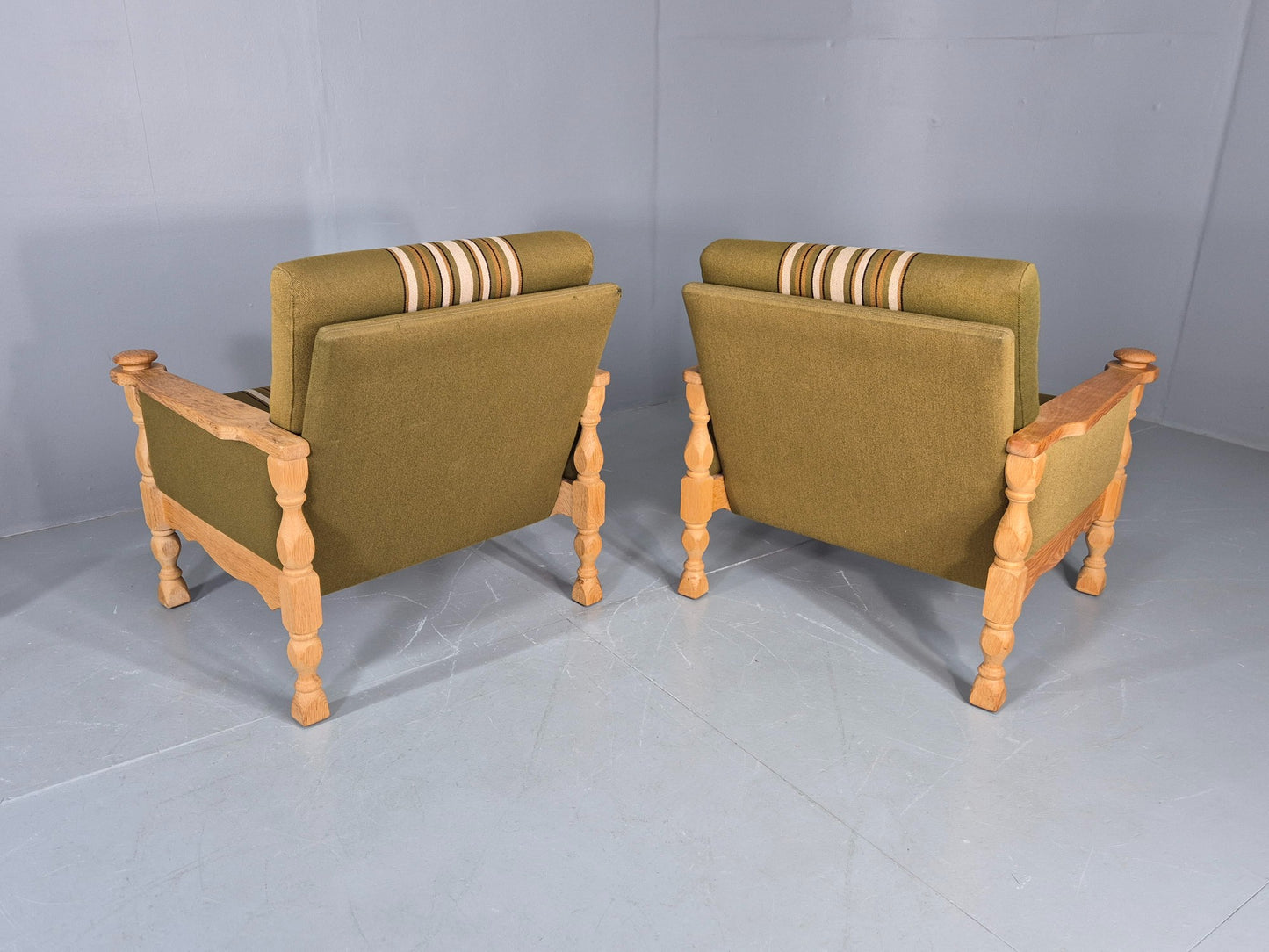 2 vintage Kjaernulf Armchairs with footstool Oak and Green Retro 1970s EB12778