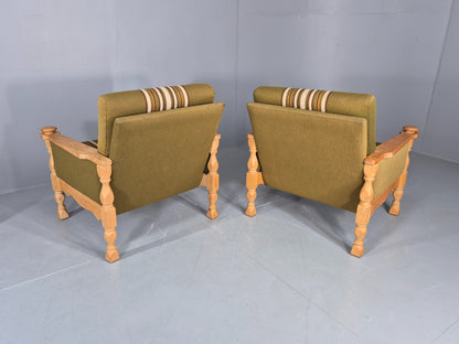 2 vintage Kjaernulf Armchairs with footstool Oak and Green Retro 1970s EB12778