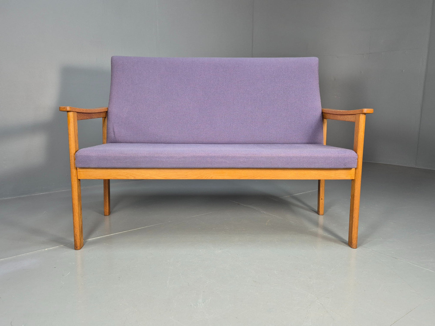 Vintage Danish 2 Seater Bench Sofa Oak Frame Purple Upholstery 1970s MCM EB08693