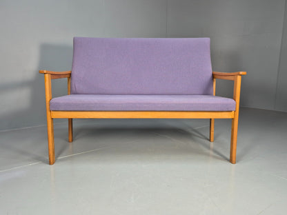 Vintage Danish 2 Seater Bench Sofa Oak Frame Purple Upholstery 1970s MCM EB08693