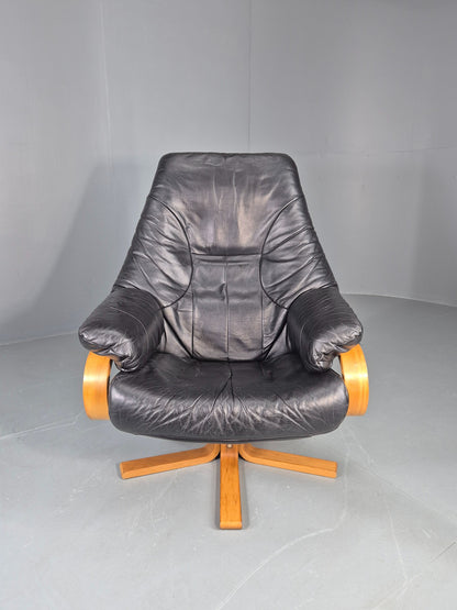 Vintage Danish Swivel Recline Chair Black Leather Bentwood 1980s Retro EB9254