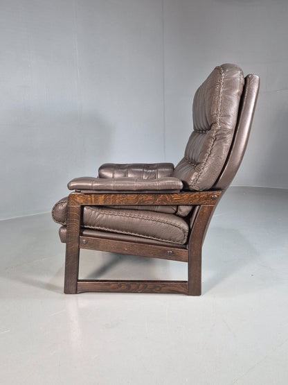 Vintage Mid Century Danish Leather Lounge Chair Stitched Detail Retro 70s EB8239
