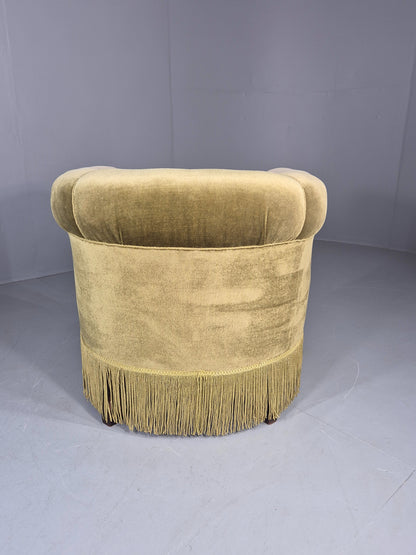 Vintage Danish Art Deco Tub Chair Green Velour Tassels 1940s  EB12710