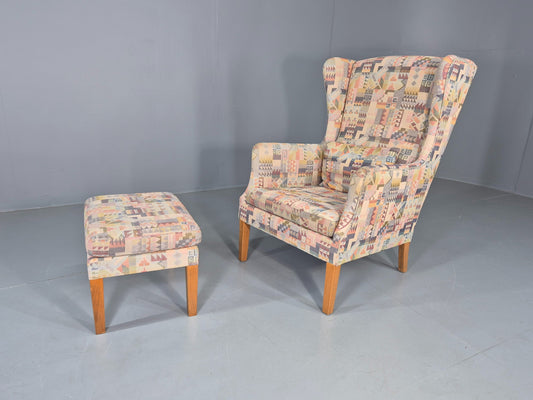 Vintage Danish Wing back Armchair and Stool 1980s Retro MCM EB12139