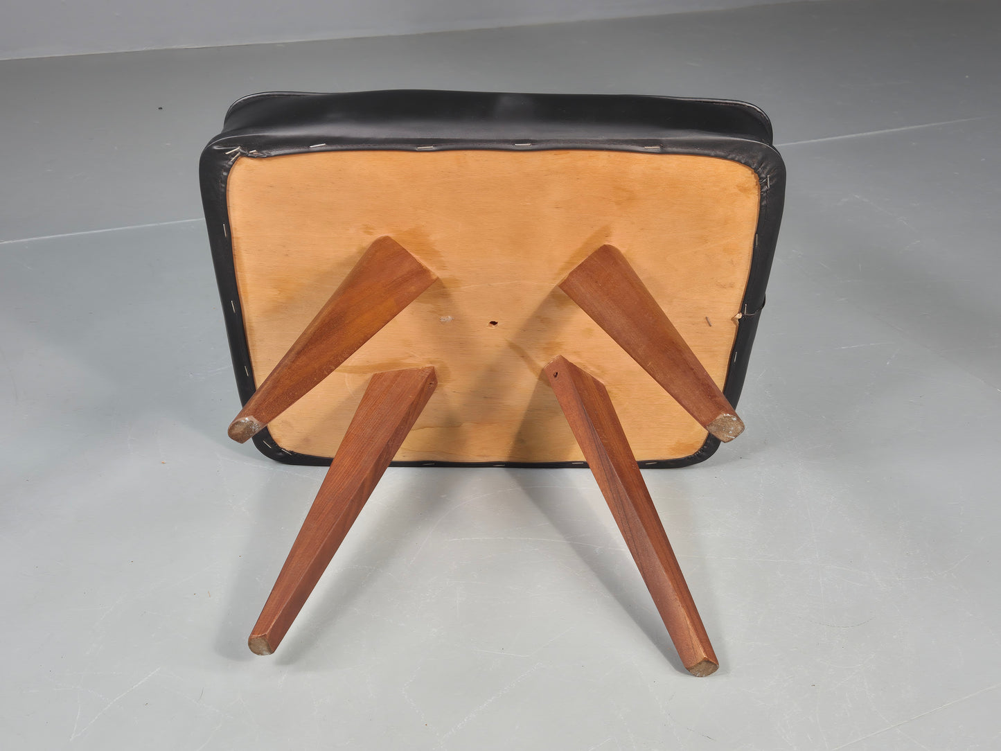 Vintage Mid Century Danish Footstool Black Vinyl Teak Legs 1960s Retro EB12148