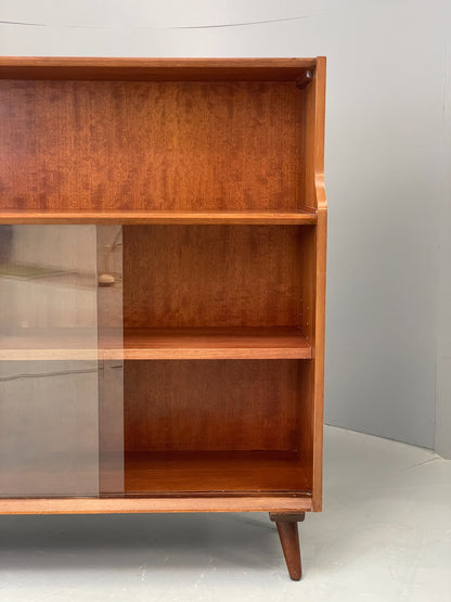 Vintage Bookcase Walnut 1960s Retro Midcentury Glass Doors Shelving EB12607