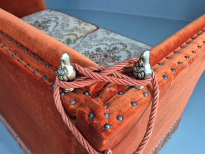 Vintage Danish Knole Sofa 2 Seater Red Velour Floral Cream Cushions EB12725