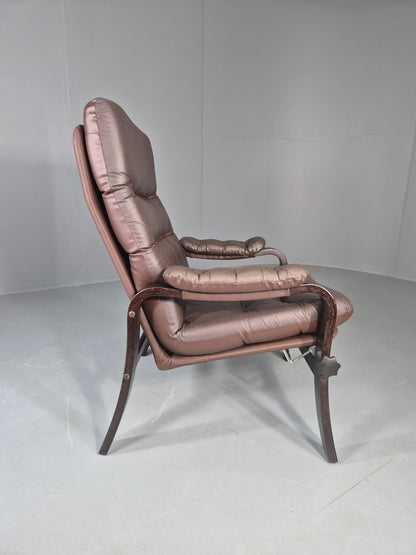 Vintage Danish Lounge Chair Reclining Bentwood Frame Leather Upholstery EB13084