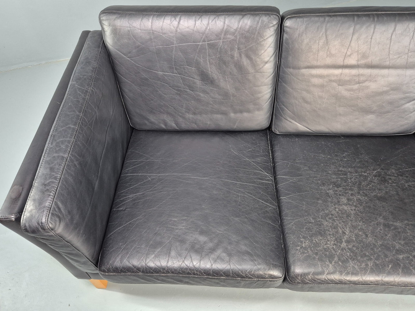Vintage Danish 3 seater Sofa Black Leather 1980s Retro MCM EB12453