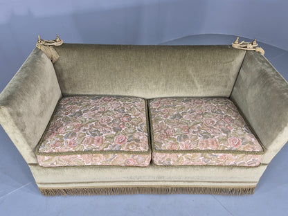 Vintage Danish Knole Sofa 2 Seater Green Velour Floral Cream Cushions EB12770