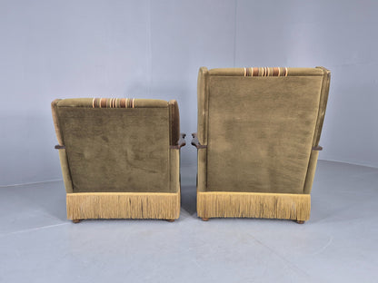 2 Vintage Danish 1970s Lounge Chairs Oak Kjaernulf Arms Green Stripe EB12686