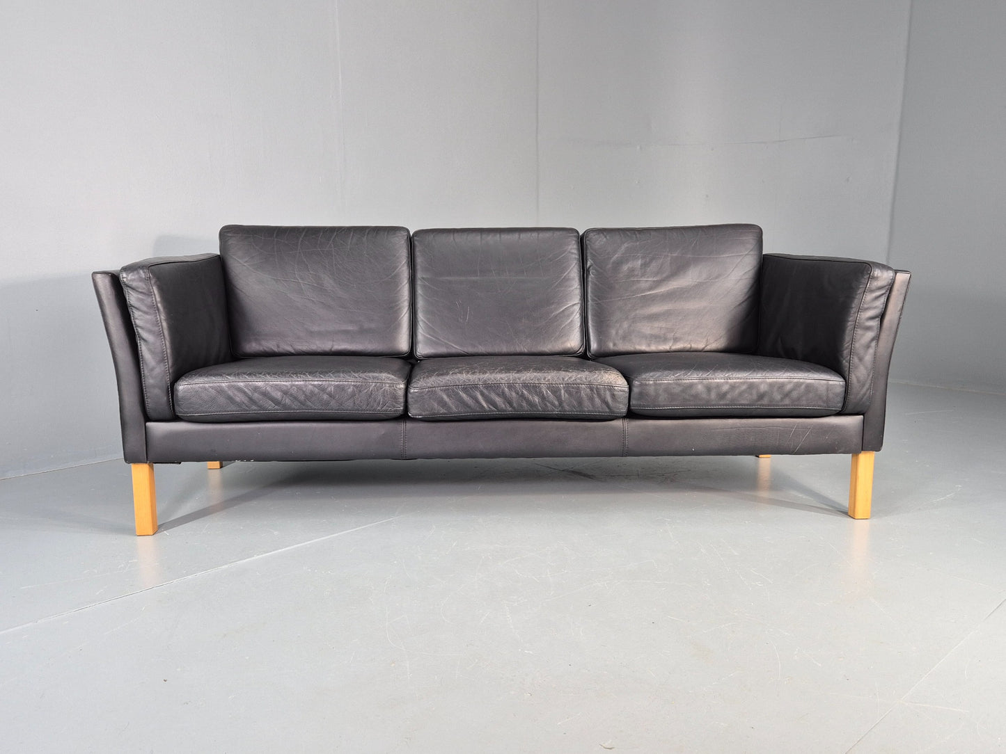 Vintage Danish 3 seater Sofa Black Leather 1980s Retro MCM EB12453