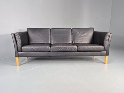 Vintage Danish 3 seater Sofa Black Leather 1980s Retro MCM EB12453