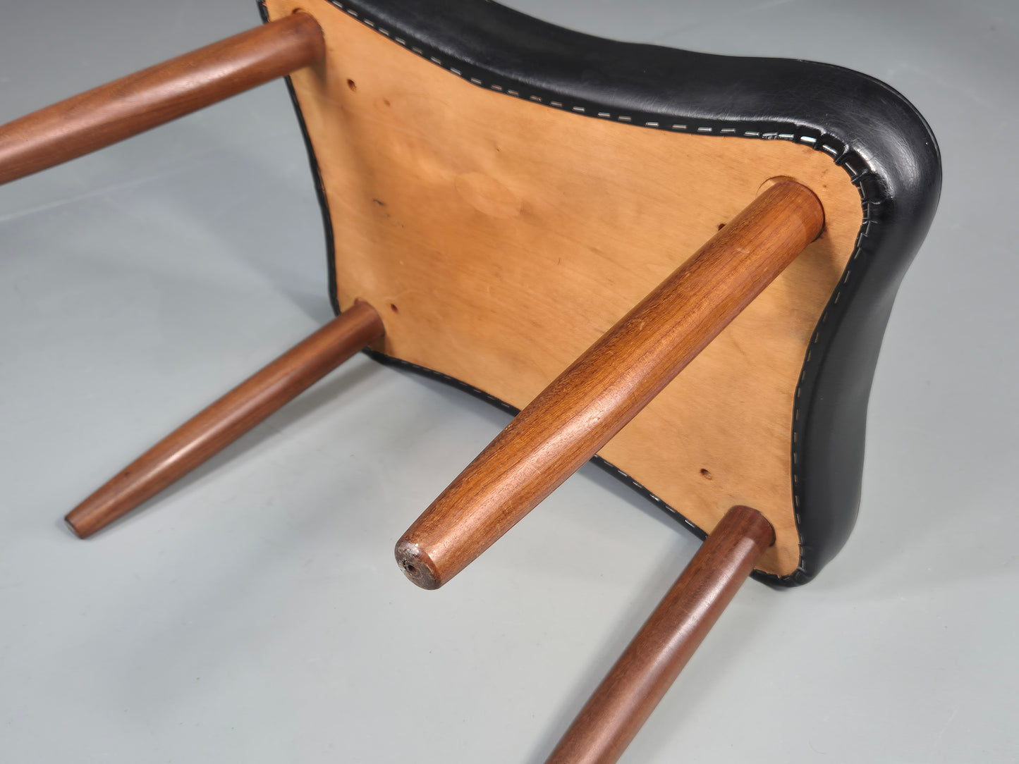 Vintage Mid Century Danish Footstool Black Vinyl Teak Legs 1960s Retro EB12025
