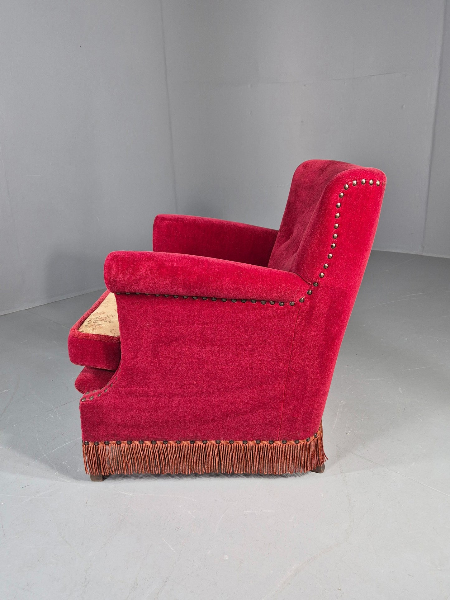 Vintage Wingback Lounge Chair Red Velour Cream Cushion Danish 1960s EB12762