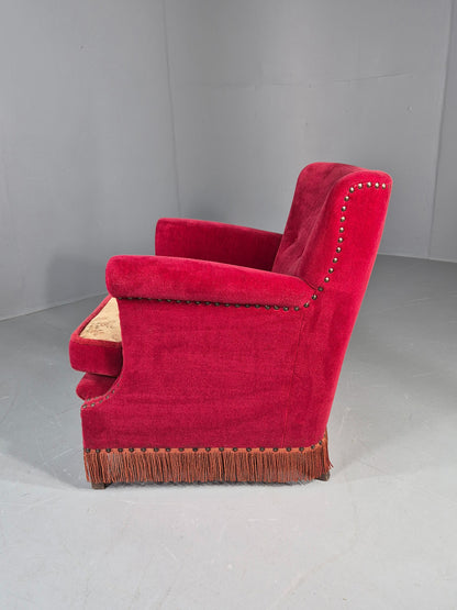 Vintage Wingback Lounge Chair Red Velour Cream Cushion Danish 1960s EB12762