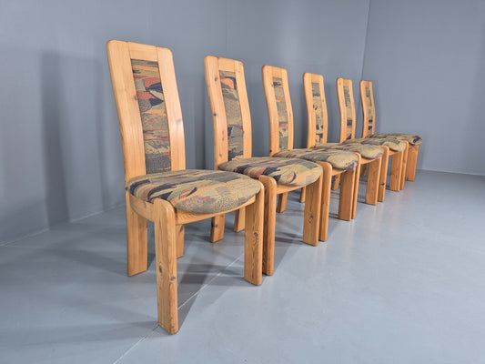 6 Brutalist Pine Dining Chairs 1980s Upholstery Danish Design Retro EB12146