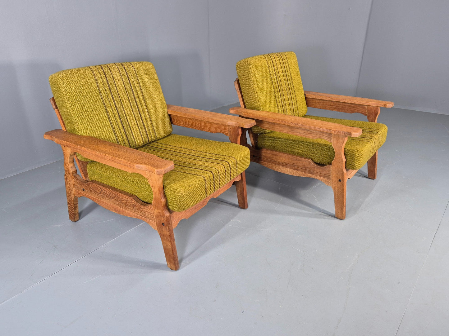 2 Vintage Lounge Chairs 1970s Danish Kjaernulf Oak Frames Green Cushions EB12780