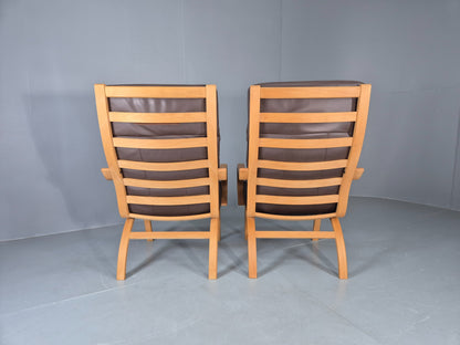 2 Vintage Danish Leather Lounge Chairs Bent Wood Frames 1980s Retro EB13073