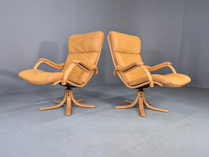 2 Vintage Tan Leather Lounge Chairs 1980s Danish Swivel Bentwood Bases EB13081
