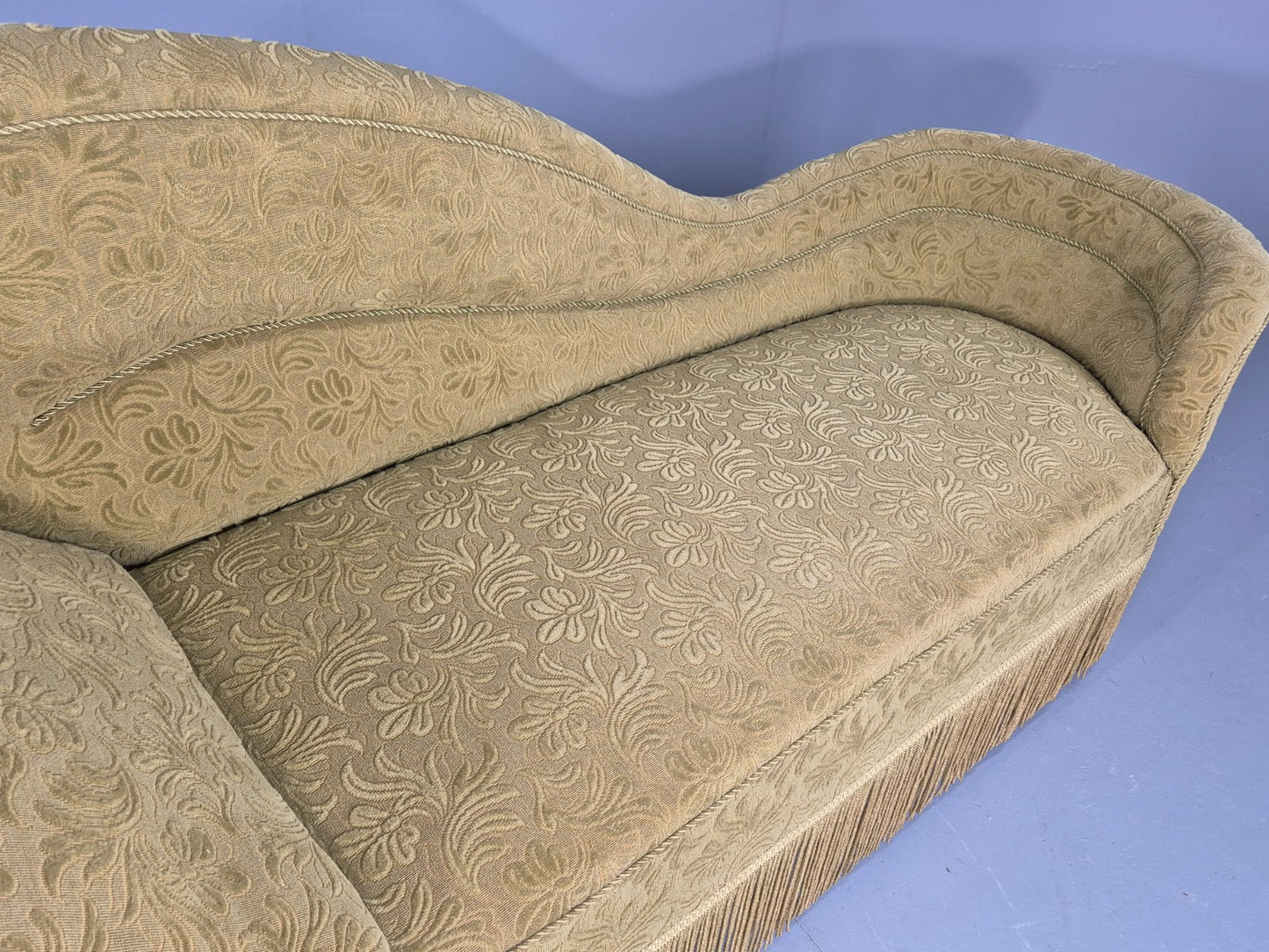 Vintage Danish Art Deco Chaise Lounge Green Moquette Tassels and Curves EB12765