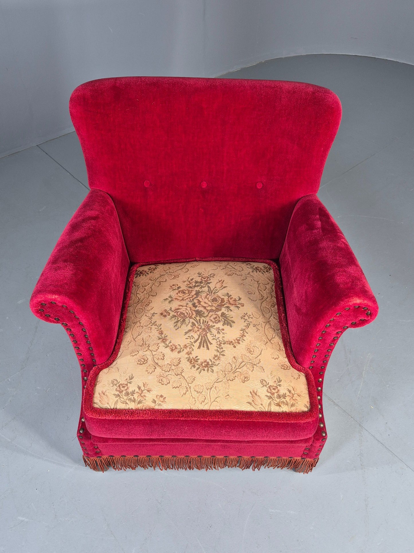 Vintage Wingback Lounge Chair Red Velour Cream Cushion Danish 1960s EB12762