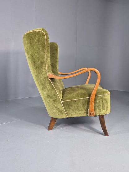 Vintage Mid Century Armchair Danish Slagelse Mobler Green Velour Retro EB12462