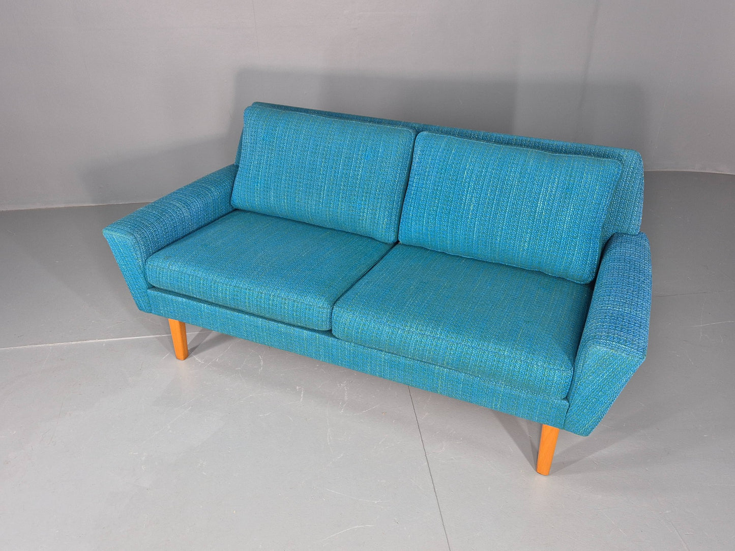 Vintage Mid Century 2 Seater Sofa Swedish 1960s Original Blue Wool Retro EB11079