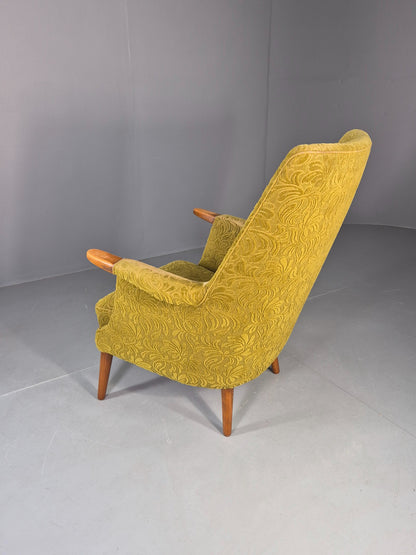 Vintage Danish Lounge Chair Green Floral Moquette Teak Detail MCM Retro EB13040