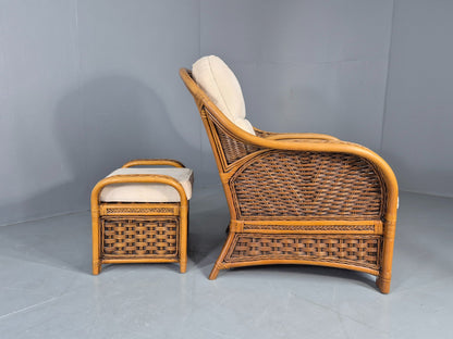 Vintage Bamboo and Rattan Chair and Footstool 1980s Retro Conservatory EB12808