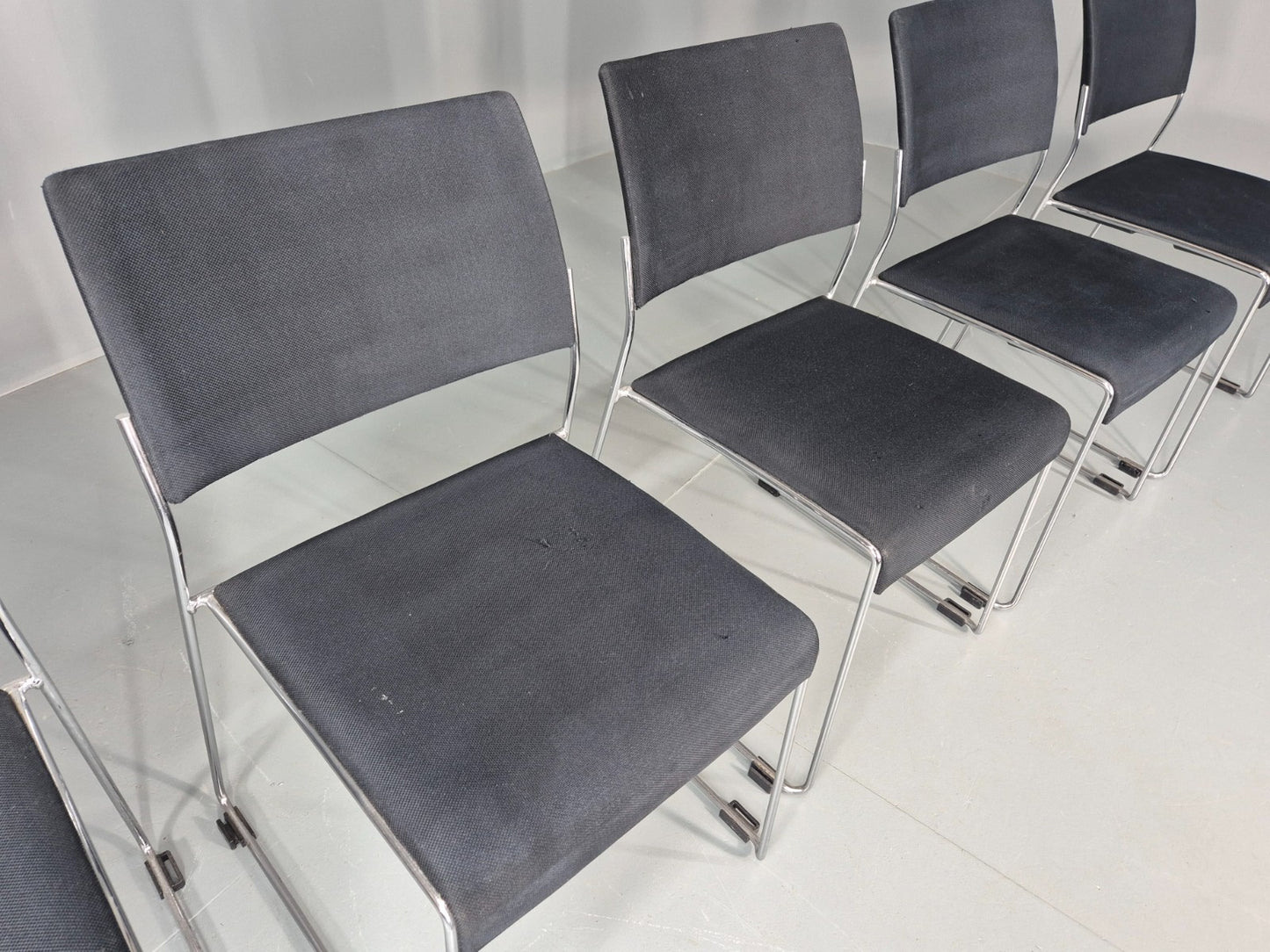 5 Vintage Stacking Chairs Chrome Rod and Black Cloth Brunner Brand EB12003