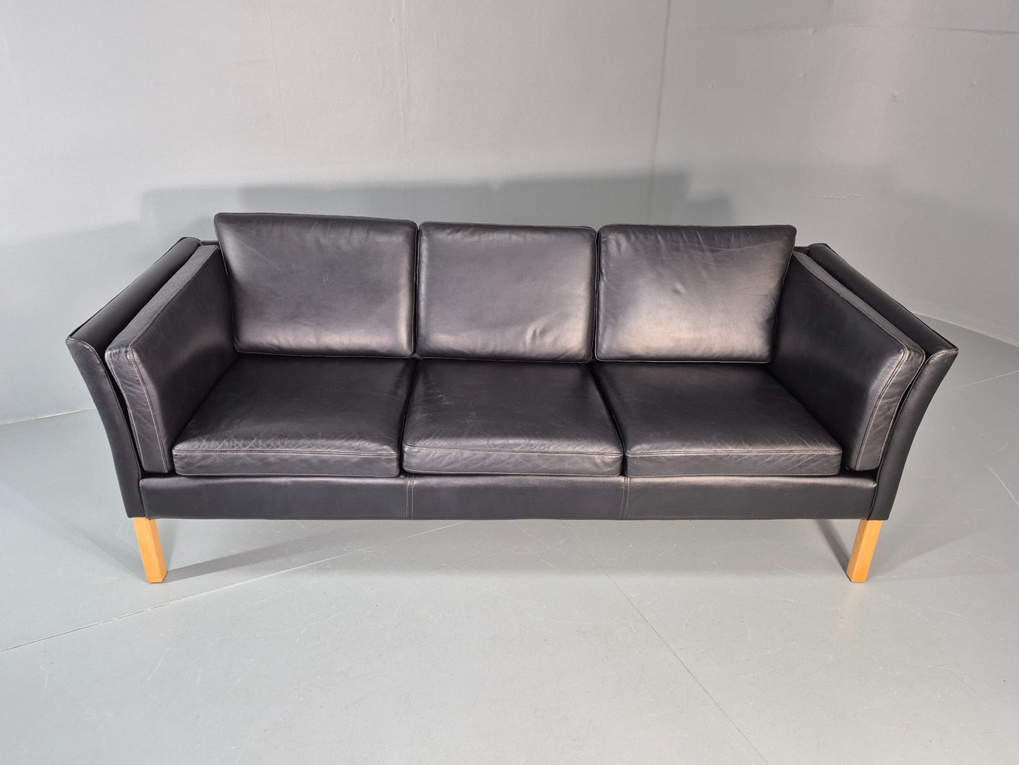 Vintage 3 seater sofa Danish Black Leather and Vinyl 1980s Retro EB11642