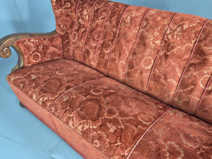 Vintage 3 Seat Sofa Danish Art Deco Era Carved Oak Frame Moquette Cloth EB12751