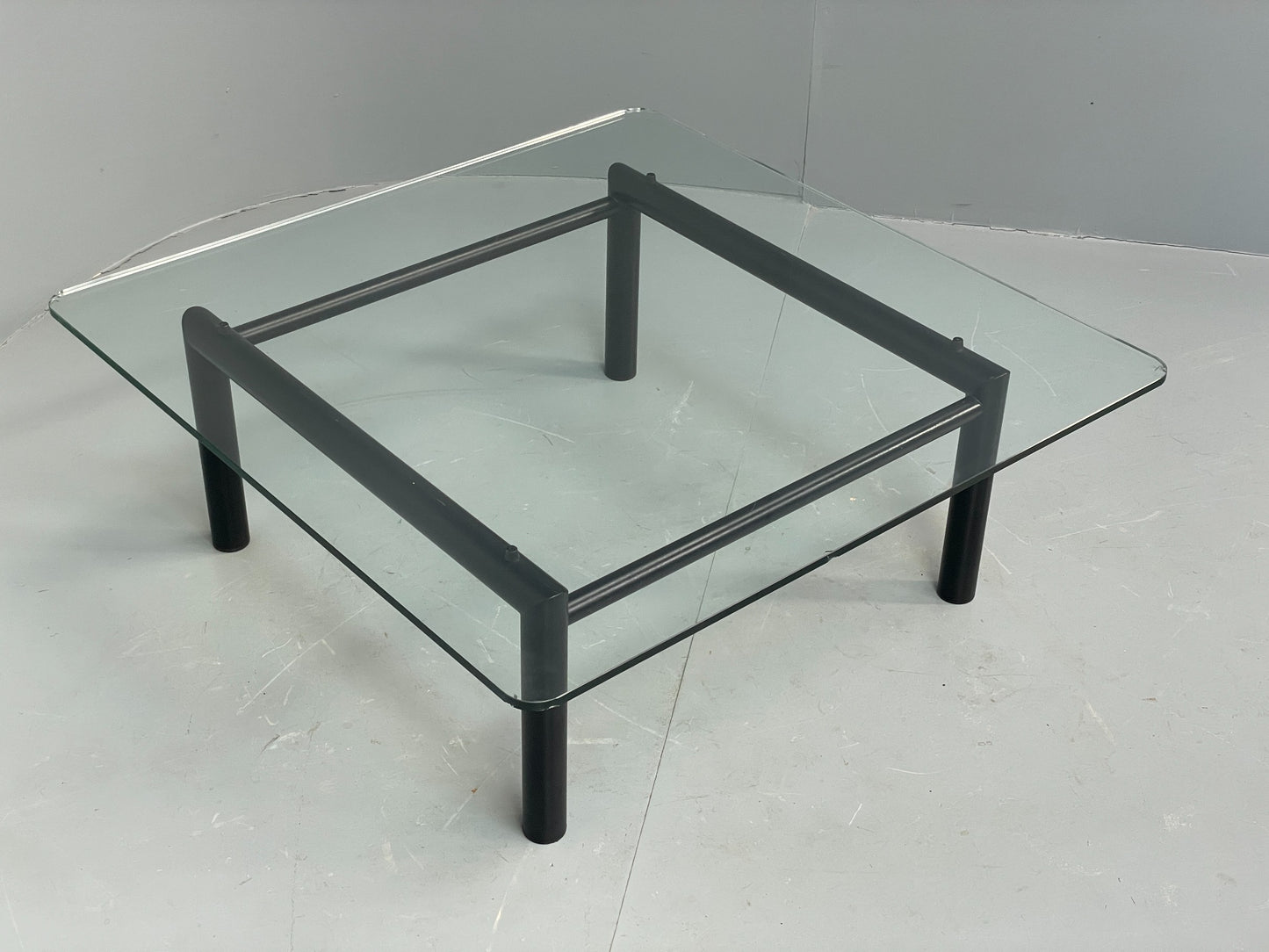 Square Glass Coffee Table Black Steel Frame Le Corbusier Style Modern EB12515