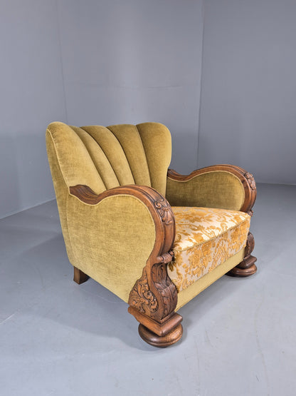 Vintage Danish Art Deco Lounge Chair Carved Oak Frame 1940s Green Floral 12838