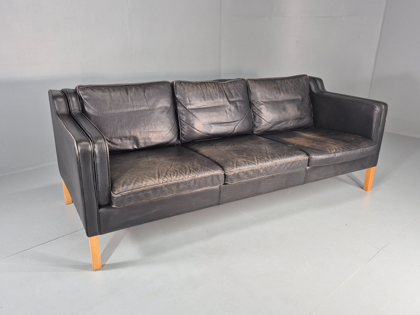 Danish Mid-Century 3-Seater Black Leather Sofa — Vintage Mogensen Style, Solid Wood Frame