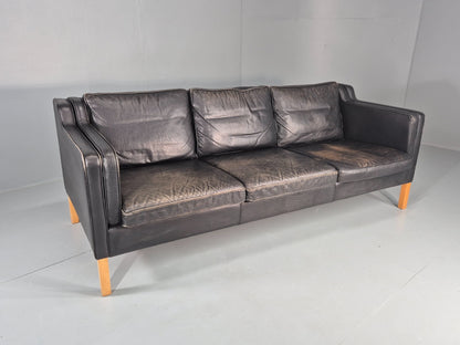Danish Mid-Century 3-Seater Black Leather Sofa — Vintage Mogensen Style, Solid Wood Frame