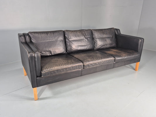 Danish Mid-Century 3-Seater Black Leather Sofa — Vintage Mogensen Style, Solid Wood Frame