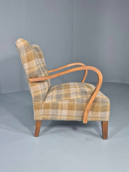 Vintage Danish Art Deco Open Armchair New Upholstery Snowshill Tartan EB12310