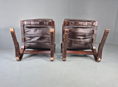 2 Vintage Skyline Leather Lounge Chairs High Back Bentwood Frame Retro EB13085