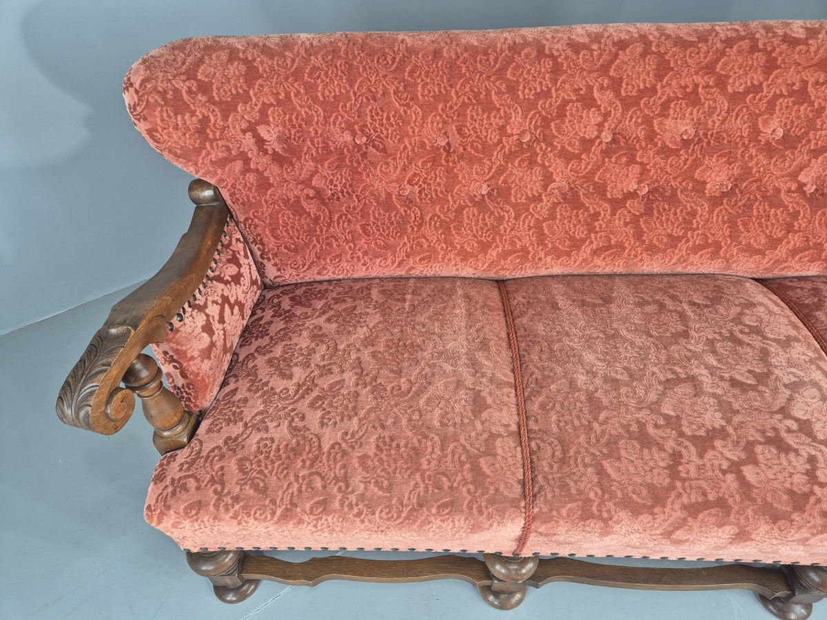 Vintage 3 Seater Sofa Danish Baroque Revival Pink Floral Moquette 1950s EB12698