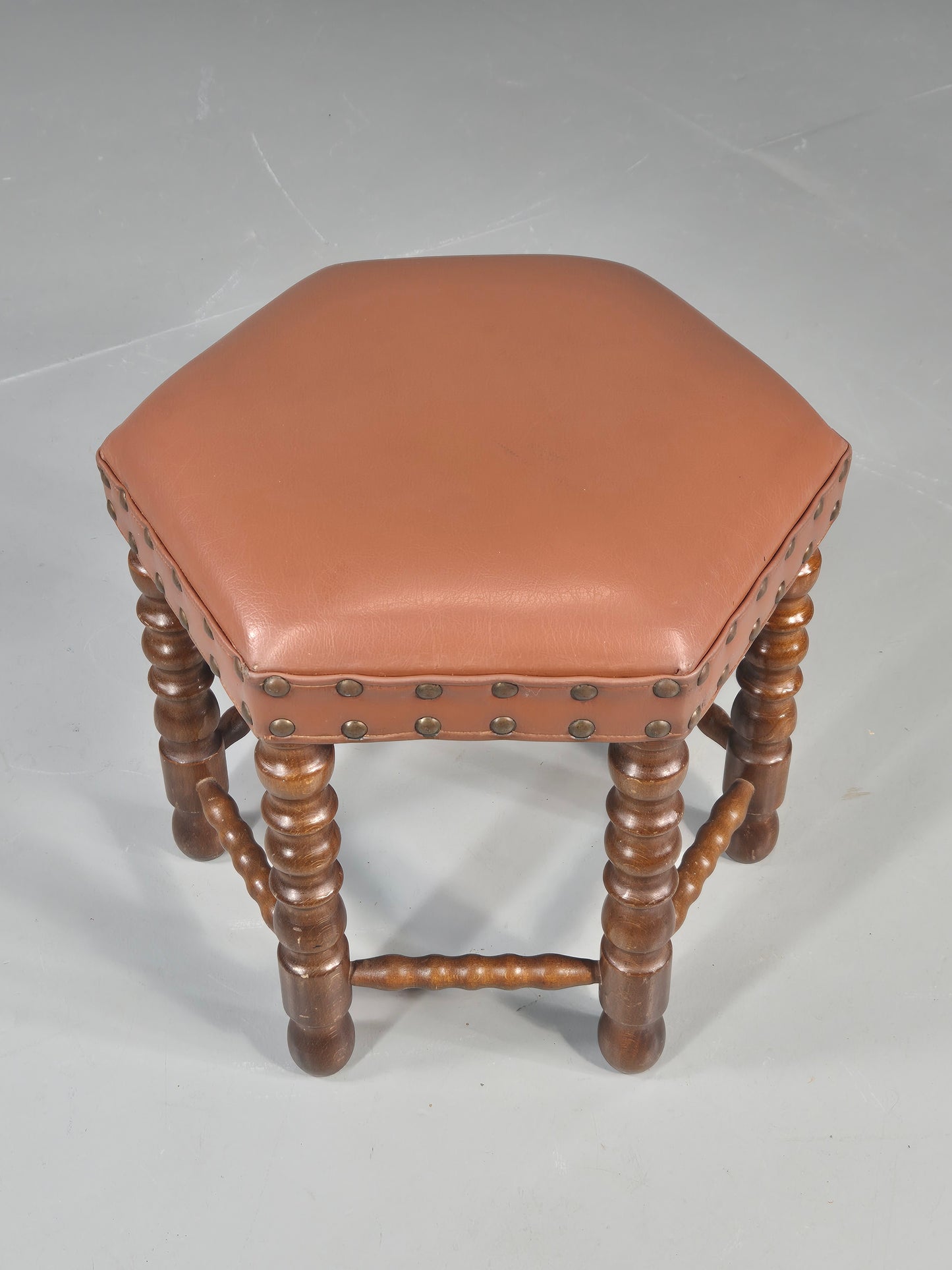 Vintage Stool Brown Vinyl Upholstery Oak Bobbin Turned Frame Hexagonal EB11306