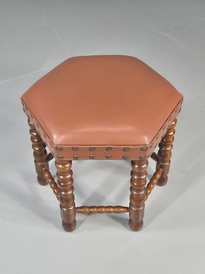 Vintage Stool Brown Vinyl Upholstery Oak Bobbin Turned Frame Hexagonal EB11306
